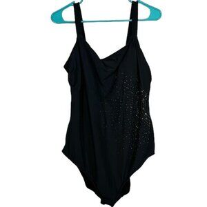 Plus Size Delta Burke Black Beaded Square Neck Swimsuit Size 22W EUC #1263
